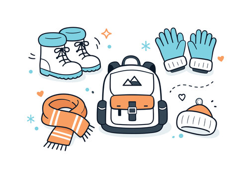 Winter Travel Essentials. Travel accessories for winter vacation. Boots, gloves, scarf, and backpack arranged in a tidy flat lay, symbolizing warmth and