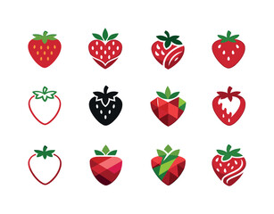 Strawberry Logo Collection. Fruits. Icon set. Set Logo of fruits: strawberry motif. harmonious logo variations of the same emblematic concept, each with