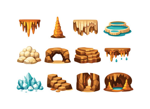 Vibrant Limestone Cave Icons. Limestone caves. Colorful flat vector icons set of limestone caves: stalactite cluster, stalagmite pillar, flowstone sheet,