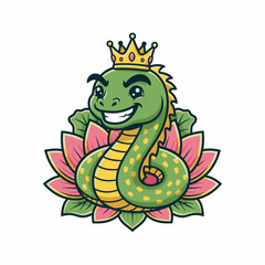 Obraz premium Cute cartoon king snake wearing a crown sitting on a lotus flower.