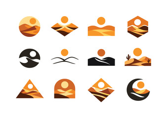 Desert Logo Variations. Vast desert. Icon set. Set Logo of vast desert: minimal desert scene with sun and dunes. harmonious logo variations of the same