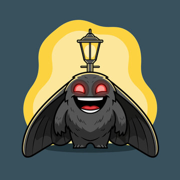 Cute Mothman character with glowing red eyes and a street lamp on its head.