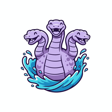 Cute Three Headed Purple Sea Monster Emerging From Water.