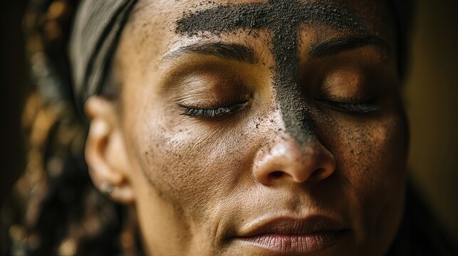 A serene woman with ash on her forehead during a Christian religious ceremony