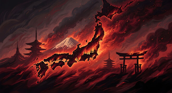A digital illustration depicting a Japanese landscape consumed by flames with Mount Fuji looming in the background, conveying a sense of destruction and chaos