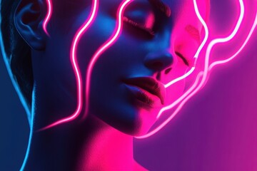 Obraz premium Captivating neon light portrait of a woman with artistic facial features and vibrant colors