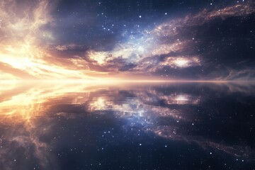 Fototapeta premium Celestial landscape reflecting starlit sky over calm water at twilight