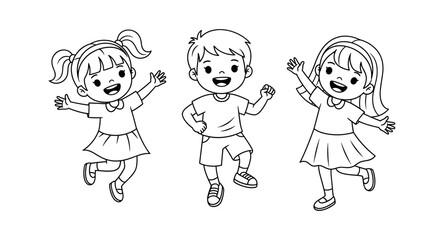 Fototapeta premium Three happy cartoon children jumping and waving with excitement, black and white line art