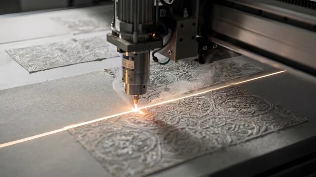 Medium shot showcasing a laser system etching intricate patterns on fabric surfaces highlighting detailed textile transformations.