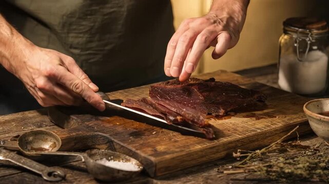 Medium shot of hands thinly slicing marinated beef strips on a wooden board preparing for traditional jerky drying with rustic kitchen tools in warm lighting.