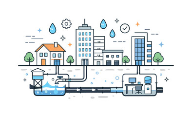 Naklejka premium Flowing Water Infrastructure. Urban water supply system. City buildings connected by underground pipes, showing clean water flowing into homes and offices.