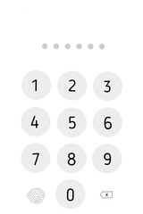 Minimalist numeric keypad design for a login or security screen with circles, X delete button, and fingerprint icon.