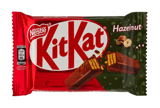 KitKat hazelnut chocolate bar while. The packaging is on a white background