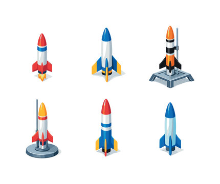 Colorful Model Rockets. Model Rockets. Isometric flat vector icons set of Model Rockets: small scale rocket, rocket with fins, launch-ready model, rocket on