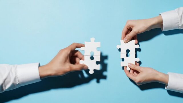 Two hands connecting puzzle pieces on a blue background from a top view perspective