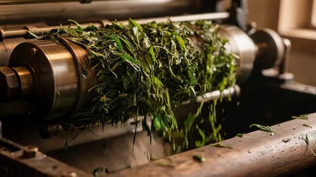 Medium shot of orthodox tea leaves gently rolled in a traditional machine showcasing the precise mechanical process that preserves leaf structure and enhances delicate flavor