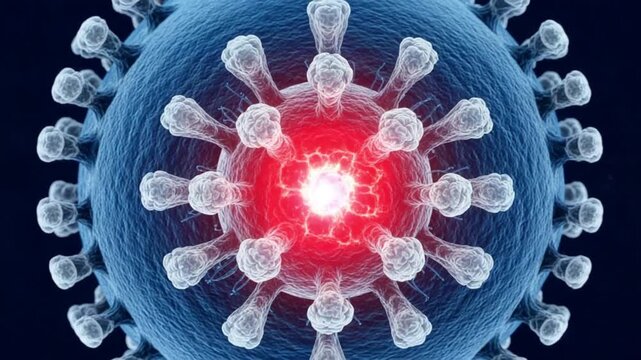 3d illustration of a virus cell with a red center and glowing white light on a dark blue background