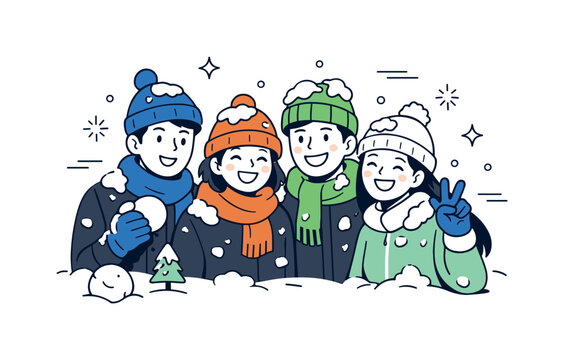 Winter Fun Pause. Snowball fight celebration. Group pausing after play, smiling and covered with a bit of snow. Relaxed joy, warmth and shared winter