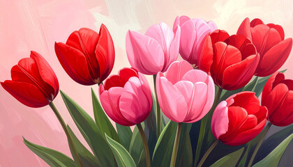 Obraz premium Bunch of red and pink tulips with smooth curved petals, elegant simple composition, oil painting style