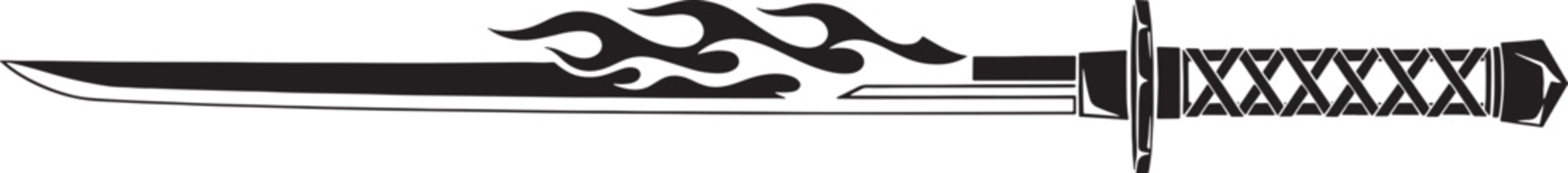 Black and white sketched katana sword with flame and geometric handle pattern