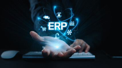 Naklejka premium ERP platform visual showing centralized system for enterprise resource planning, improving integration, data flow, business efficiency, finance, inventory, and human resources. Elide