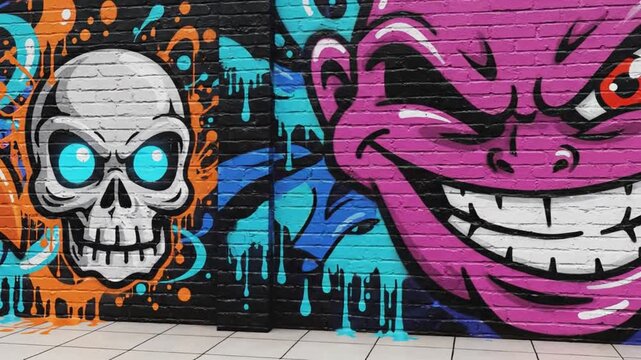 Vibrant street art graffiti featuring a cartoon character and skull on a city wall