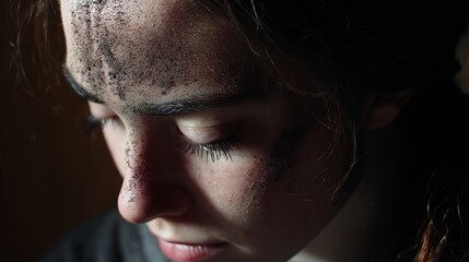A young woman with ashes on her face during a Christian Ash Wednesday service