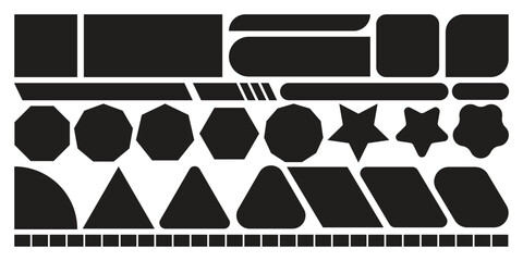 Versatile Collection of Black Minimalist Geometric Shapes and UI Design Elements Including Rectangles, Polygons, Stars, and Rounded Silhouette Vector Components.