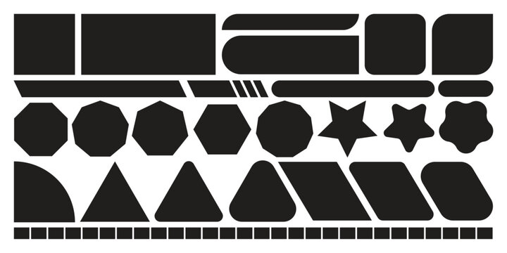 Versatile Collection of Black Minimalist Geometric Shapes and UI Design Elements Including Rectangles, Polygons, Stars, and Rounded Silhouette Vector Components.