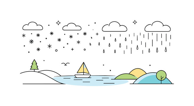 Seasonal Transition Illustration. Rain replacing snow concept. A minimal landscape where falling snowflakes gradually turn into light rain drops. Calm seasonal