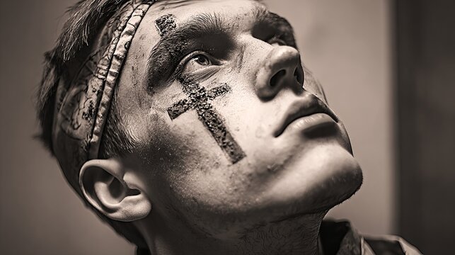 A man with ash cross on his forehead during Ash Wednesday service in church
