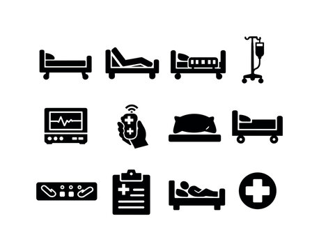 Medical Bed Icons. Medical Bed. Solid icon set of Medical Bed: hospital bed, adjustable bed, side rails, IV stand, patient monitor, nurse call button, pillow