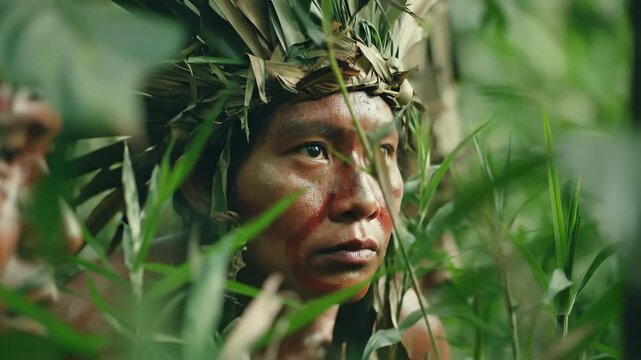 Indigenous person, Mayan descendant, traditional ceremonial attire, leaf headpiece, vibrant face paint, watchful gaze, dense tropical jungle, ancient Mesoamerican culture, ancestral civilization,