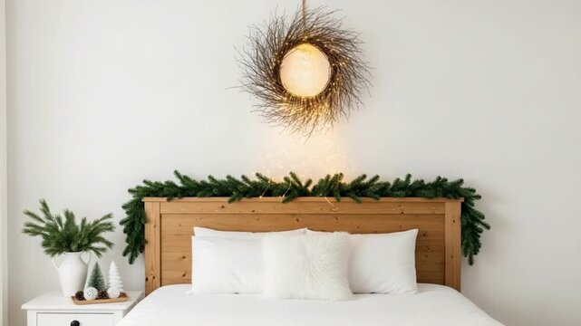 A cozy christmas bedroom with a wooden bed frame and green garland