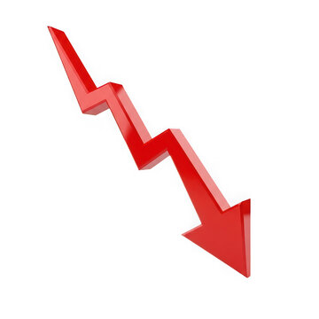 Red downward arrow icon isolated on transparent background showing loss decline decrease business concept