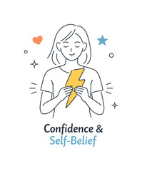 Obraz premium Empowered Minimalist Poster. Girl Power Minimal Poster ? Confidence and Self-Belief. A young woman calmly holding a symbolic lightning bolt or heart icon,