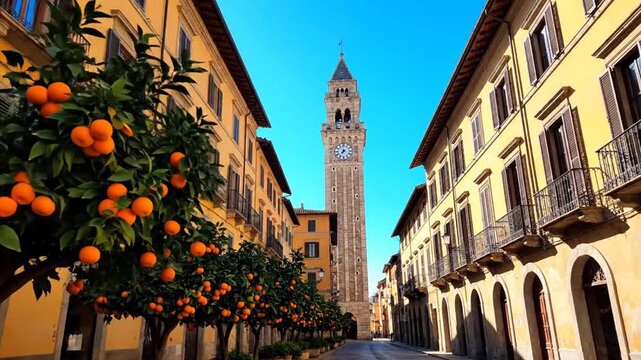 A vibrant street scene in a historic town with orange trees lining the pathway and a tall clock tower in the distance