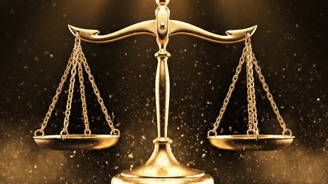 The scales of justice symbol forming from millions of golden and metallic dust particles. The scales balance perfectly in the center. Dark void background, cinematic gold lighting, legal concept, law 