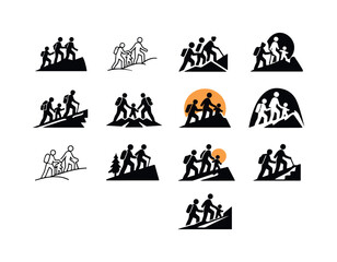 Fototapeta premium Family Hiking Icons. family hiking together. Icon set. Set Logo of family hiking together: parent guiding child uphill. harmonious logo variations of the same