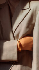 Luxury fashion detail image, close-up of blazer shoulder and gold cuff, neutral tones