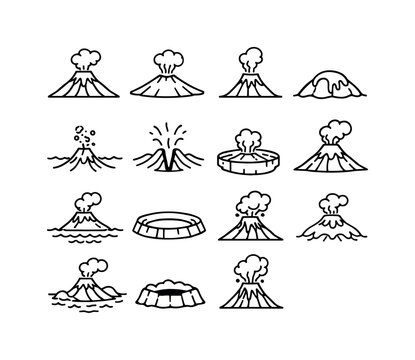 Volcano Icons Collection. Volcano Types. Line icon set of Volcano Types: stratovolcano, shield volcano, cinder cone, lava dome, submarine volcano, fissure