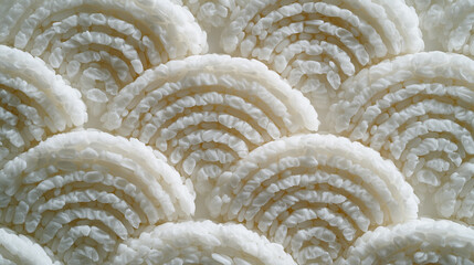 Ultra modern food art photography of sushi rice arranged in repetitive geometric patterns with negative space