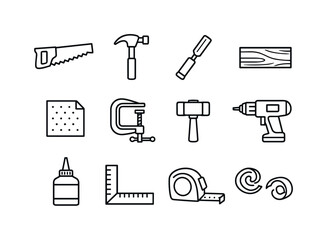 Fototapeta premium DIY Woodworking Icons. DIY woodworking. Line icon set of DIY woodworking: saw, hammer, chisel, wood plank, sandpaper, clamp, mallet, drill, wood glue bottle,