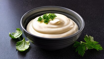 Creamy Mayo In A Bowl Garnished With Herbs