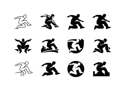 Extreme Parkour Icons. Extreme parkour. Icon set. Set Logo of Extreme parkour: urban freerunning figure. harmonious logo variations of the same emblematic