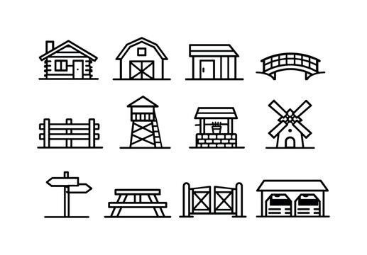 Valley Structures Icons. Valley structures. Line icon set of Valley structures: cabin, barn, shed, small bridge, wooden fence, lookout tower, stone well,