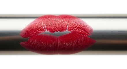 Red lipstick kiss on metal tube.