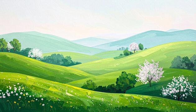 Fairytale-inspired spring countryside oil painting, hand-drawn cartoon acrylic texture, rolling green hills