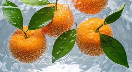 Oranges floating in clear water splashes.