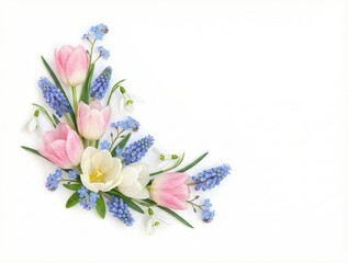 Spring Flower Corner Border with Tulips and Muscari on White Background
